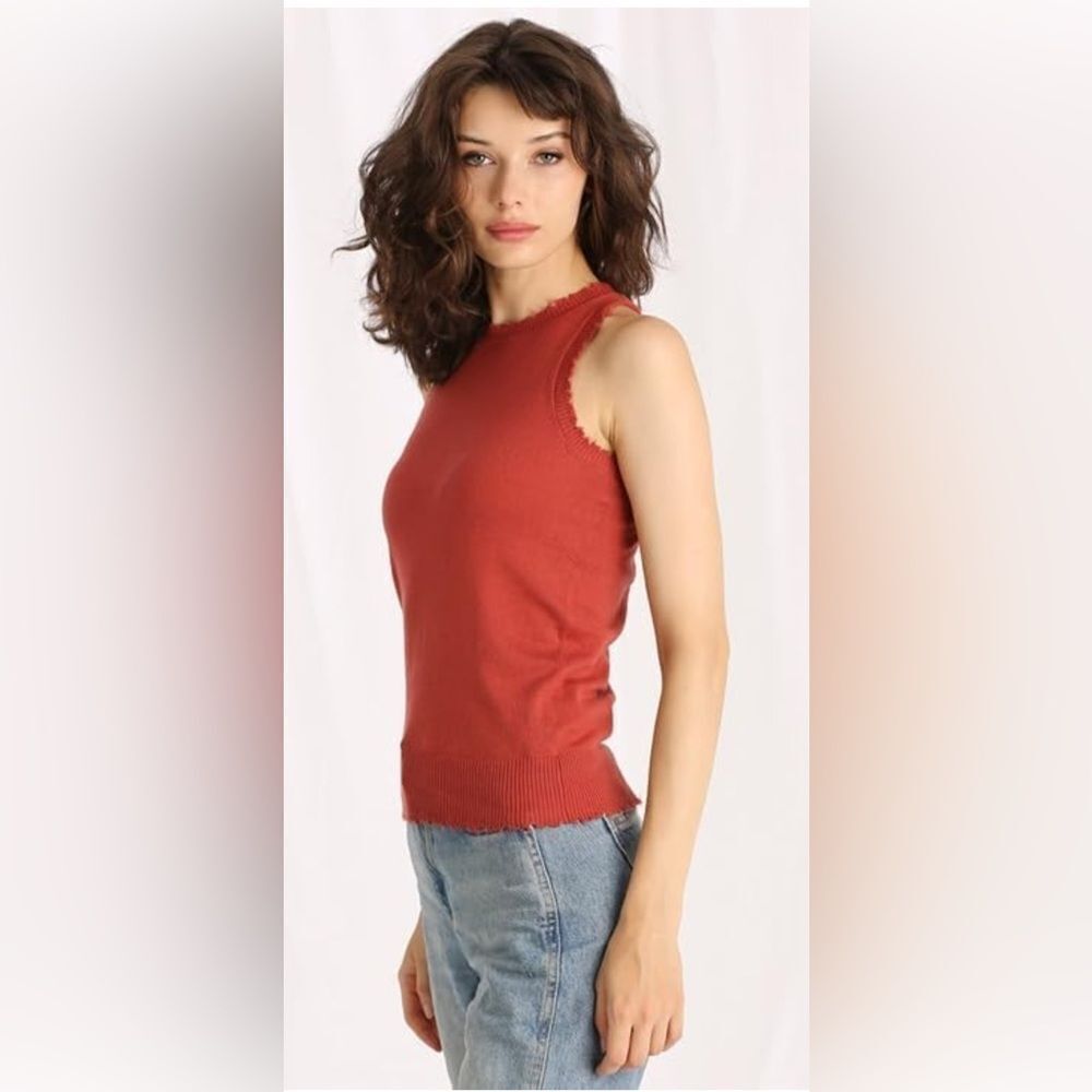 Minnie Rose Cotton Cashmere Sleeveless Neck Frayed Tank Top size med Spice NEW